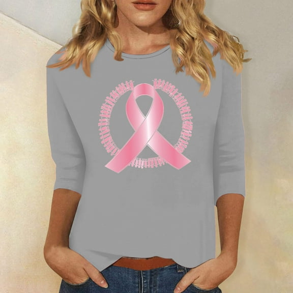 Alkepwun Womens Breast Cancer Awareness T Shirts Pink Ribbon Support T-Shirt Breast Cancer Shirt Inspirational Tees 3/4 Sleeve Tops