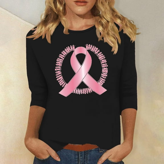 Alkepwun Womens Breast Cancer Awareness T Shirts Pink Ribbon Support T-Shirt Breast Cancer Shirt Inspirational Tees 3/4 Sleeve Tops