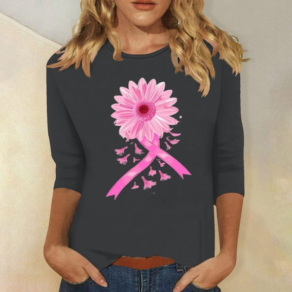 Alkepwun Womens Breast Cancer Awareness T Shirts Sunflower Pink Ribbon Graphic Tees Cancer Survivor 3/4 Sleeve Tee Tops