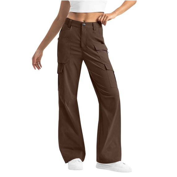 Alkepwun Womens Cargo Pants Solid Color Elastic High Waisted Multiple Pockets Slightly Flared Pants Casual Baggy Comfort Breathable Long Trousers