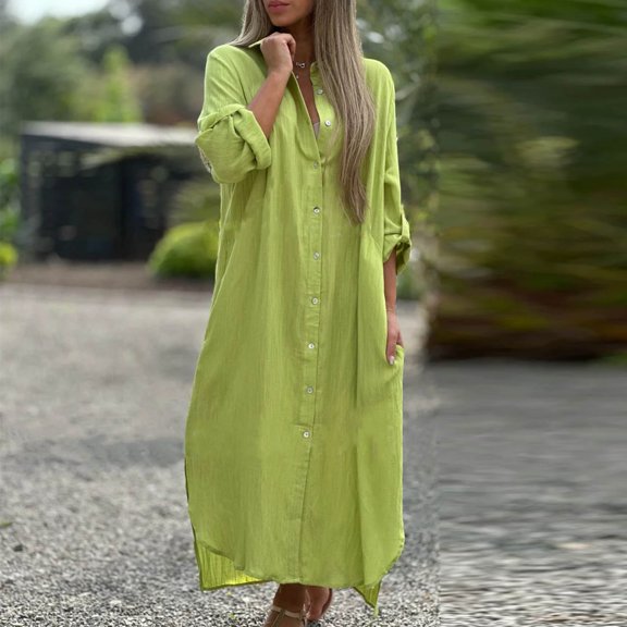 Alkepwun Womens Casual Button Down Dress Rolled Up Sleeve Side Split Long Shirt Dress Beach Lightweight Cardigans Swimsuit Cover Ups Plus Size Linen Dress