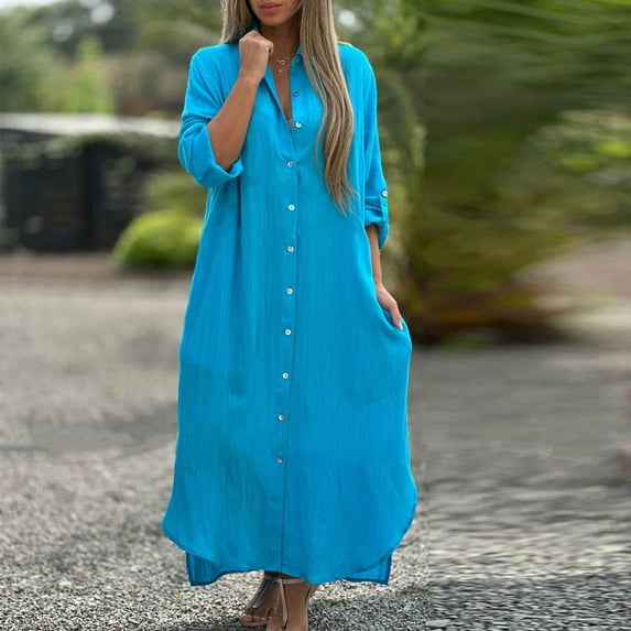 Alkepwun Womens Casual Button Down Dress Rolled Up Sleeve Side Split Long Shirt Dress Beach Lightweight Cardigans Swimsuit Cover Ups Plus Size Linen Dress