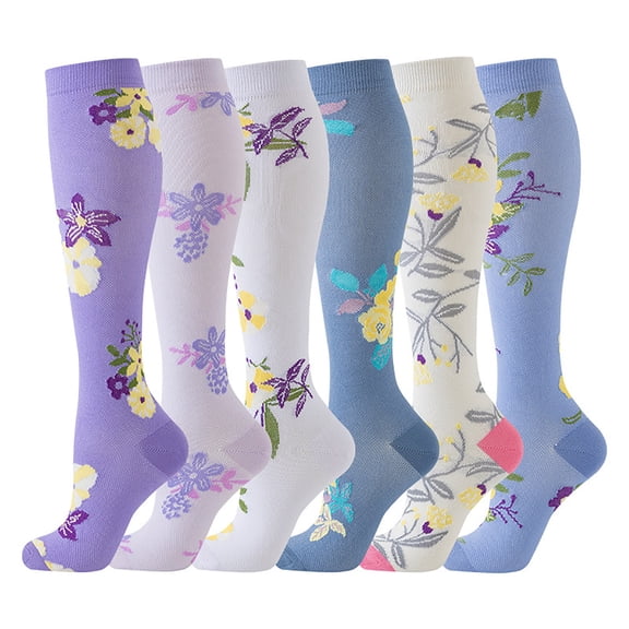 Alkepwun Womens Compression Socks 6 Pairs Floral Print Lightweight Breathable Moisture-Wicking Knee High Socks Graduated Support Athletic Socks for Nurses, Travel, Athletic