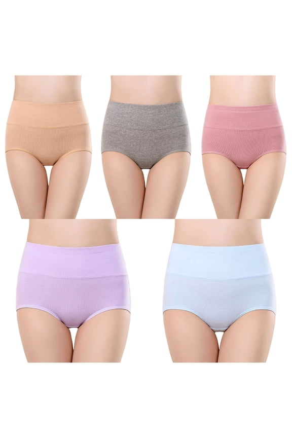 Womens Cotton Underwear 5pc High-Waisted Cotton Soft Breathable Stretch Briefs Solid Color Full Coverage Seamless Plus-Size Butt-Lifting Panties