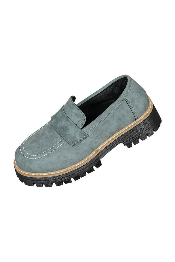 Womens Fall Shoes Casual Vintage Suede Round-Toe Chunky Heel Thick Sole Loafers Simple Comfortable Slip-Ons with Slip-Resistant Lug-Sole Soles Business Oxford for Work