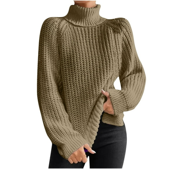 Alkepwun Womens Fall Sweaters Solid Color Lantern Sleeve Turtleneck Long Length Knit Sweater Casual Comfortable Side Slit Loose Fit Warm Sweater Soft Everyday Plus Size Classic Pullover Top