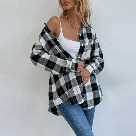 Alkepwun Womens Flannel Shirt Oversized Plaid Button Down Shirts Casual Loose Roll Up Long Sleeve Checkered Blouse Tops