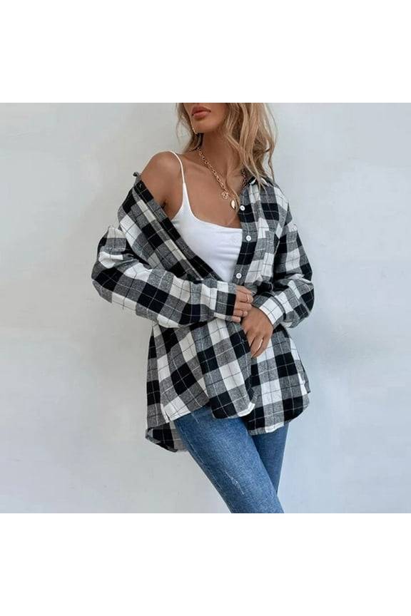 Alkepwun Womens Flannel Shirt Oversized Plaid Button Down Shirts Casual Loose Roll Up Long Sleeve Checkered Blouse Tops