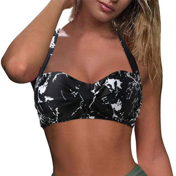 Alkepwun Womens Bikini Top Sexy Halter Padded Push Up Swimsuit Top Ruched Bust Tie Back Bathing Suit Tops Only Floral Swimwear