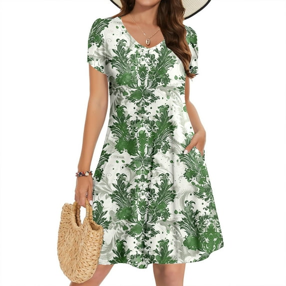 Alkepwun Womens Floral Summer Dresses Casual Short Sleeve V Neck T Shirt Dresses Beach Vacation Loose Swing Short Dresses with Pockets