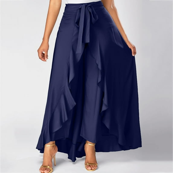 Alkepwun Womens Flowy Skirt Pants Tie Knot Waist Irregular Ruffle Palazzo Pants Flare Loose Pants Skirt Wide Leg Trousers