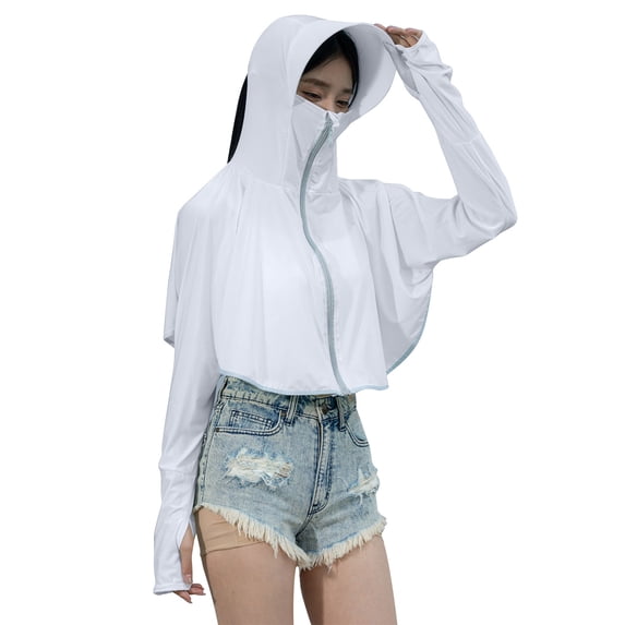 Alkepwun Womens Jacket Solid Color Batwing Long-Sleeve Lightweight Breathable Ice Silk Hooded Sun Protection Jacket Outdoor Cycling Thumb Holes Coat with Brim and Mask