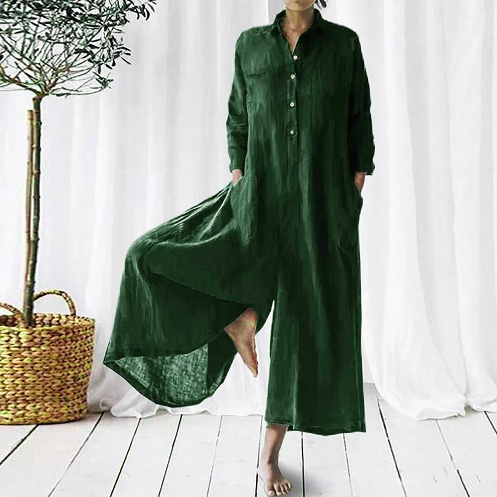 Alkepwun Womens Linen Button Down Long Sleeve Wide Leg Jumpsuit Beach ...