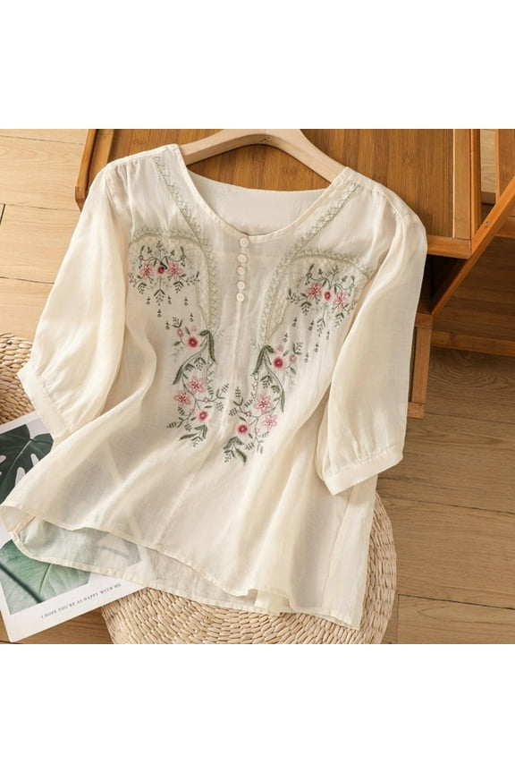 Womens Mexican Shirts Peasant Blouses Embroidered 3/4 Sleeve Cotton Linen Shirt Button V Neck Tunic Bohemian Tops Boho Clothes for Women