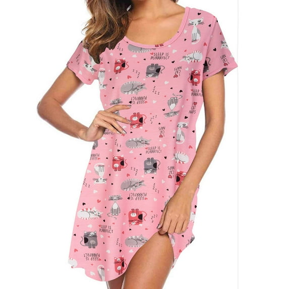 Alkepwun Womens Nightgowns Cute Cartoon Animal Printed Sleep Shirts Soft Nightdress Summer Short Sleeve Pajamas Dress Casual Sleepwear