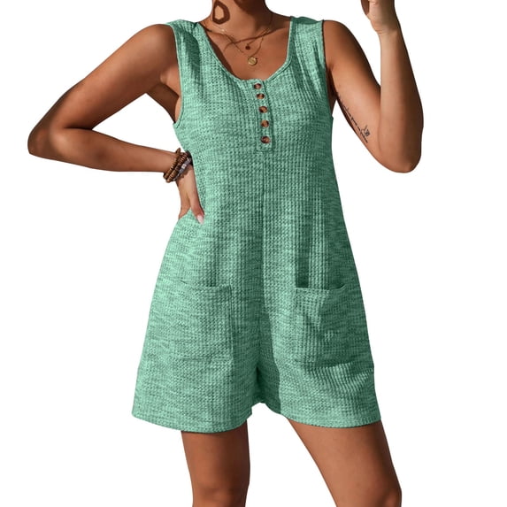 Alkepwun Womens Overalls Casual Button Front Sleeveless Wide Leg Short Pant Waffle Knit Jumpsuits Summer Solid Crew Neck Comfort Breathable Loose Rompers With Pockets
