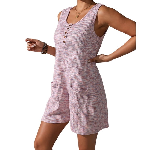 Alkepwun Womens Overalls Casual Button Front Sleeveless Wide Leg Short Pant Waffle Knit Jumpsuits Summer Solid Crew Neck Comfort Breathable Loose Rompers With Pockets