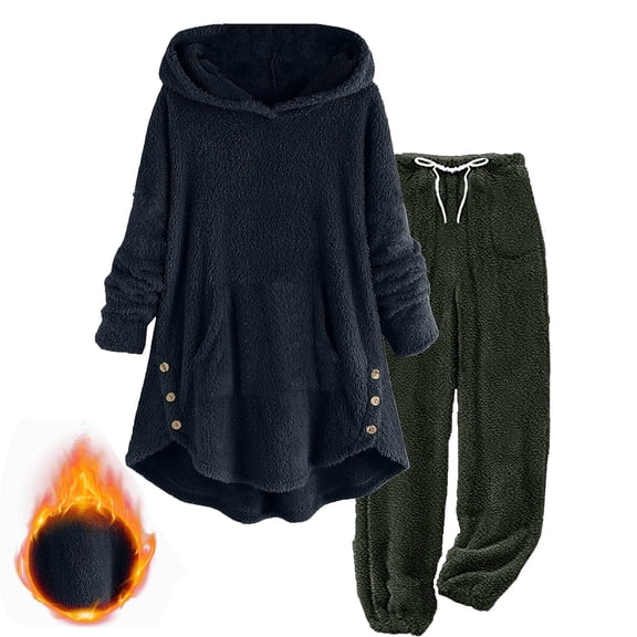 Alkepwun Womens Pajamas Set Solid Color Fleece Thickened Thermal Suits Long Sleeve Hooded Pullover Mid Length Plush Top Elastic Waist Cuffed Legs Pants Soft Comfortable Warm Plus Size Homewear Sets