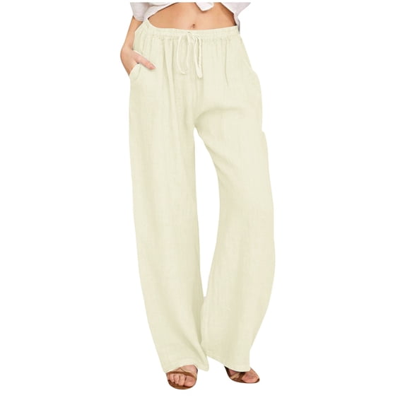 Alkepwun Womens Pants Cotton Drawstring Elastic High Waist Casual Palazzo Trousers with Pockets Casual Lightweight Breathable Flowy Wide Leg Pants