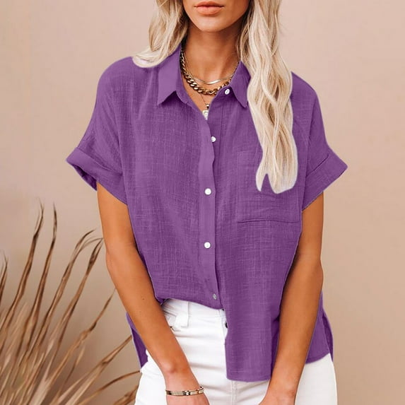 Alkepwun Womens Plus Size Button Down Shirts Vacation Outfits Loose Fit Short Sleeve Linen Shirts Summer Casual Collared Blouse with Chest Pockets