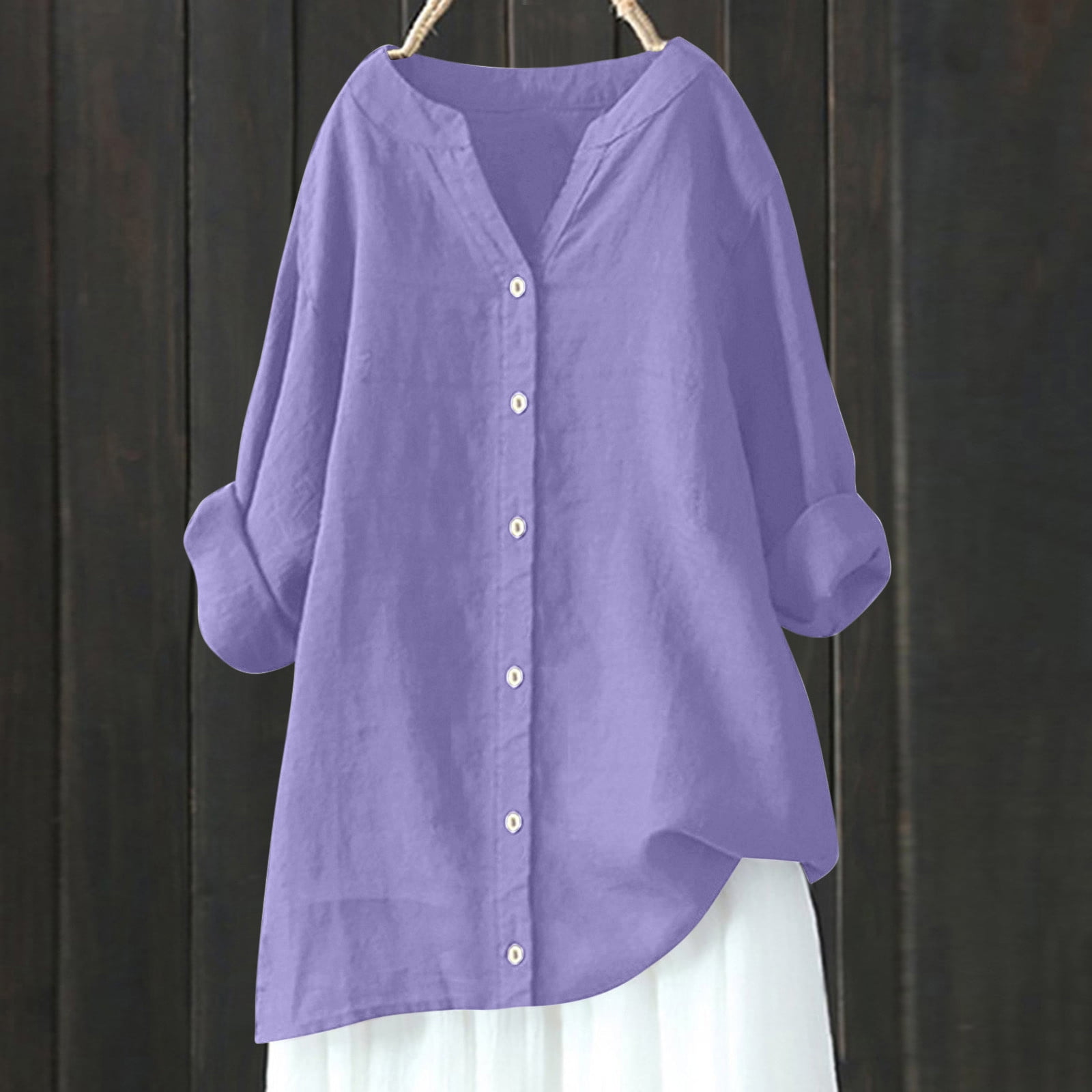 Alkepwun Womens Plus Size Cotton Linen Shirts Long Sleeve Button Down ...