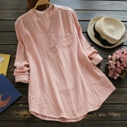 ALKEPWUN Womens Plus Size Cotton Linen Shirts Long Sleeve Gauze Shirt Button V Neck Blouse Casual Work Lounge Tunic Tops with Chest Pocket