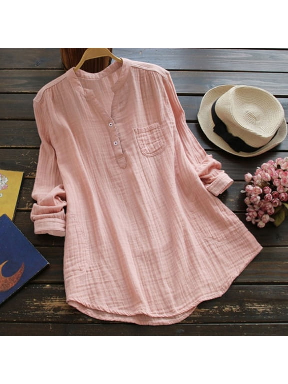 Womens Plus Size Cotton Linen Shirts Long Sleeve Gauze Shirt Button V Neck Blouse Casual Work Lounge Tunic Tops with Chest Pocket