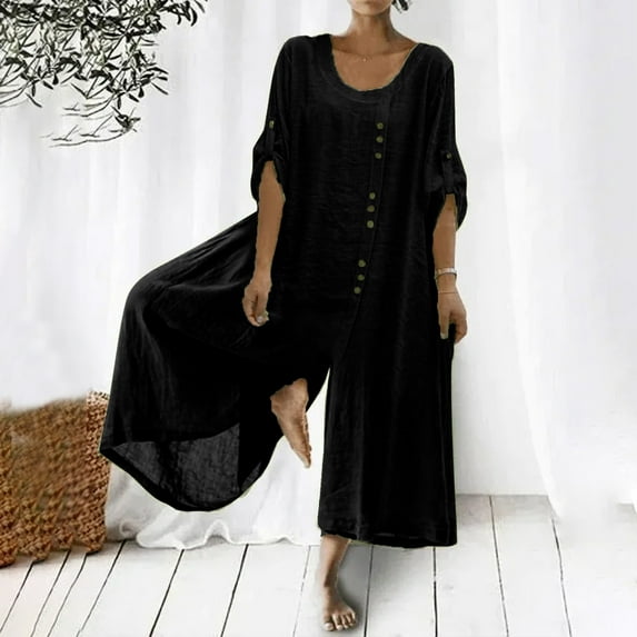 Alkepwun Womens Plus Size Jumpsuits Adjustable Long Sleeve Summer Rompers Casual Loose Fit Jumpsuits Crew Neck Button Wide Leg Pants Romper jumpers on Clearance