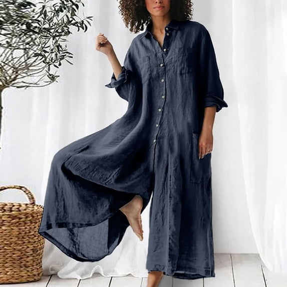 Alkepwun Womens Plus Size Jumpsuits Summer Loose Fit Romper Lightweight Button Down Long Sleeve Wide Leg Jumpsuit Playsuit with Pockets on Clearance