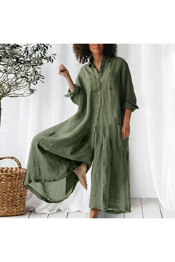 Womens Plus Size Jumpsuits Summer Loose Fit Romper Lightweight Button Down Long Sleeve Wide Leg Jumpsuit Playsuit with Pockets on Clearance