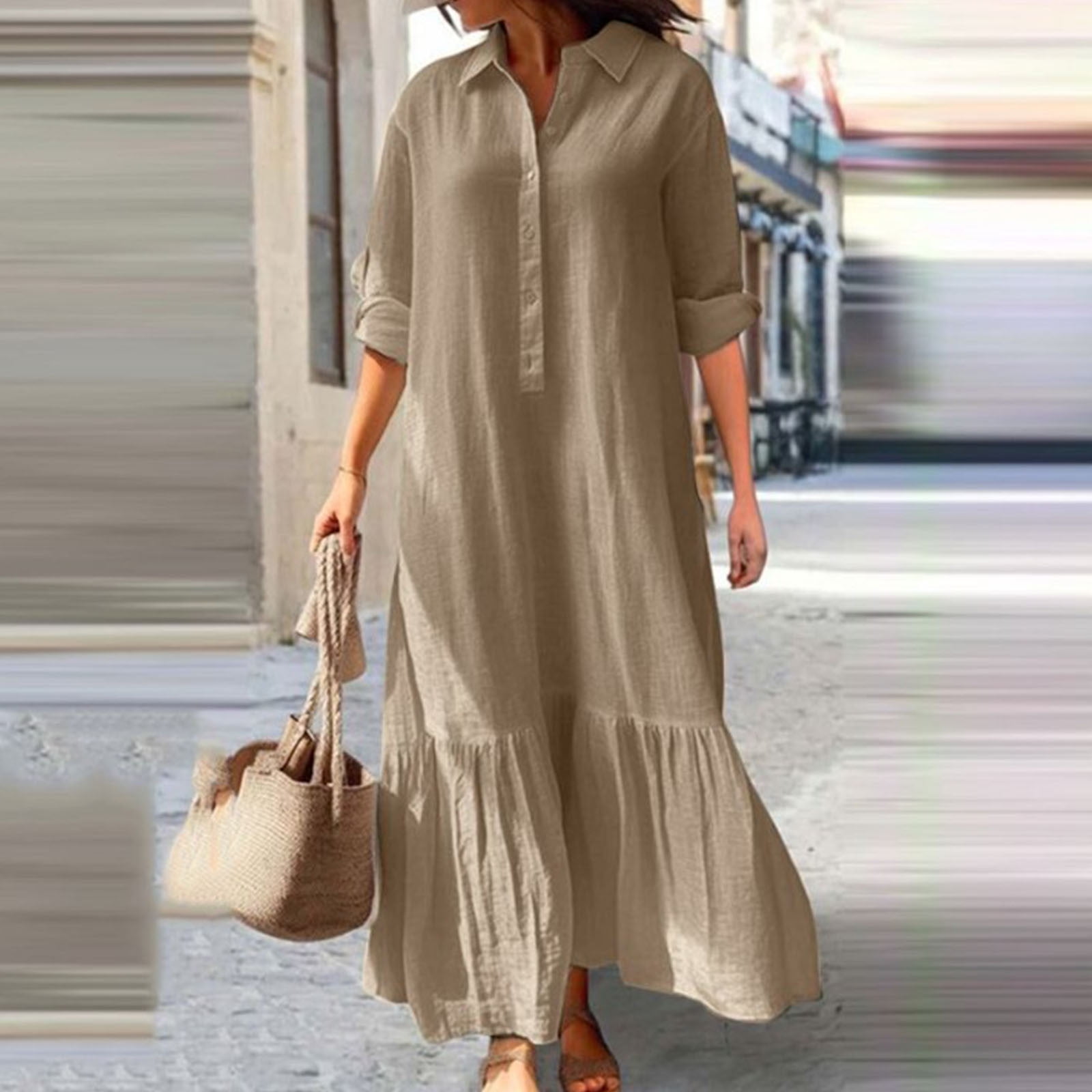 Alkepwun Womens Plus Size Linen Dress Womens Half Button Down Rolled-Up  Sleeve Long Cotton Shirt Dress Summer Pleated Flowy Maxi Dress