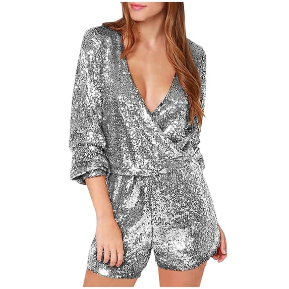 Alkepwun Womens Rompers Shiny Wrap Deep V Neck Shorts Jumpsuit Loose Long Sleeve Disco Dance One Piece Outfits Sequin Party Clubwear Romper