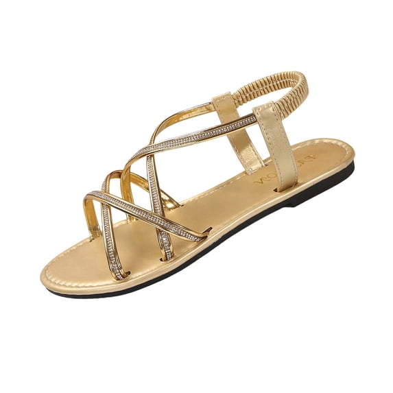 Alkepwun Womens Sandals Comfortable Rhinestone Cross Strap Open Toe Flat Beach Sandals Summer Elastic Ankle Strap Soft Bottom Lightweight Non Slip Outdoor Walking Shoes