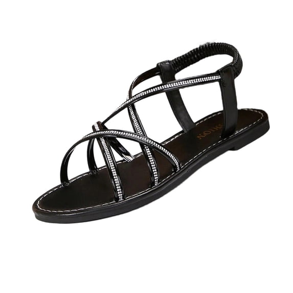 Alkepwun Womens Sandals Comfortable Rhinestone Cross Strap Open Toe Flat Beach Sandals Summer Elastic Ankle Strap Soft Bottom Lightweight Non Slip Outdoor Walking Shoes
