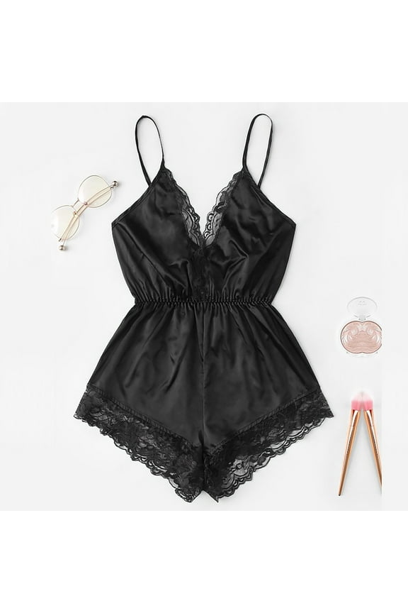 un Womens Satin Lingerie One Piece Bodysuit Teddy Lingerie Lace Trim Deep V Backless Sleeveless Romper Sleepwear