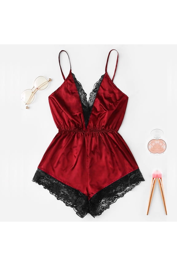 un Womens Satin Lingerie One Piece Bodysuit Teddy Lingerie Lace Trim Deep V Backless Sleeveless Romper Sleepwear