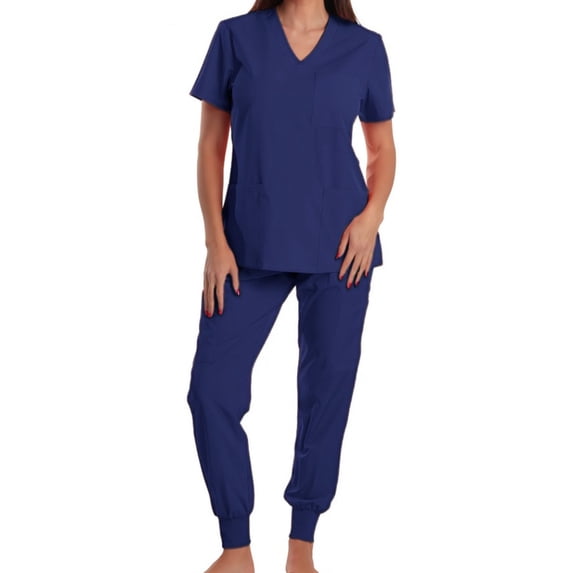 Alkepwun Womens Scrub Sets Lightweight Breathable Moisture-Wicking Multiple Pockets Uniform Set Solid V-Neck Short-Sleeve Top and Elastic Waist Cuffed Legs Pants