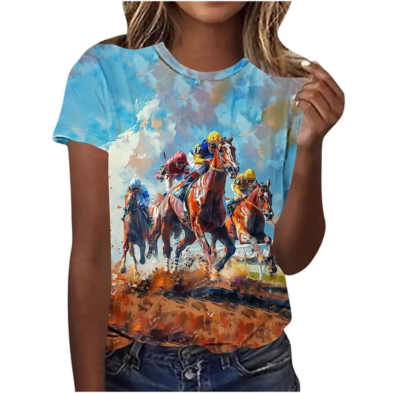 Alkepwun Womens Short Sleeve Tops Horse Casual Printed Round Neck Pullover T-Shirt Loose Lightweight Breathable Versatile Basic Tee for Equestrian Theme