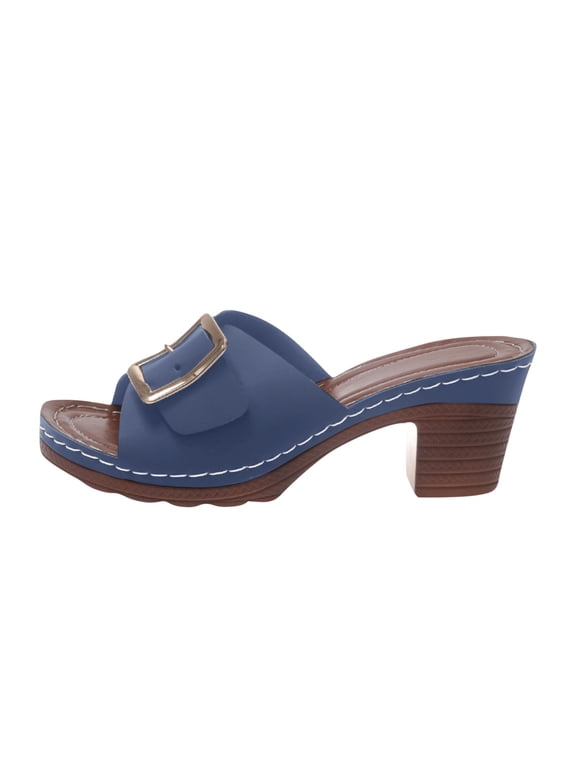Womens Slippers Casual Peep Toe Metal Buckle Slides Chunky Heel Mules Low Heel Sexy Comfort Slip On Shoes for Wedding Party Evening