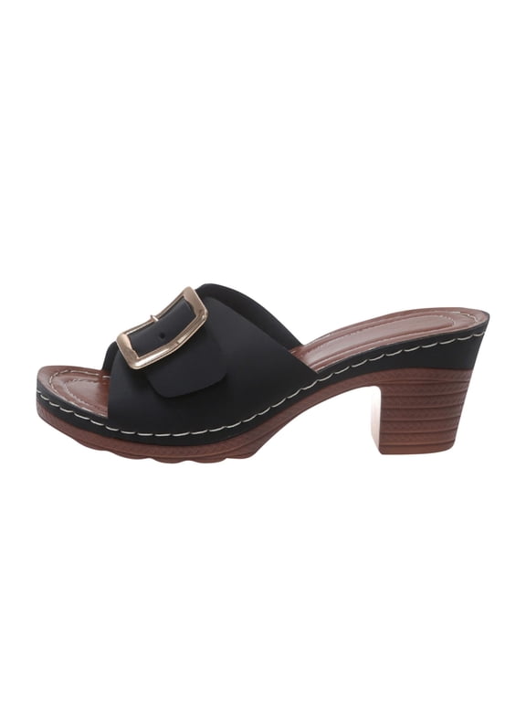 Womens Slippers Casual Peep Toe Metal Buckle Slides Chunky Heel Mules Low Heel Sexy Comfort Slip On Shoes for Wedding Party Evening