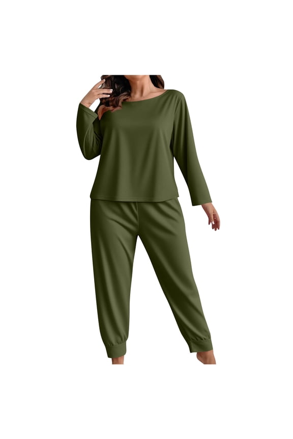 Womens Soft Pajamas Sets Plus Size Solid Color Comfortable Loungewear Set Crew Neck Pullover Long Sleeves Top Elastic Waistband Loose Fit Cuffed Legs Pants Outerwear Sleepwear Yoga Suit