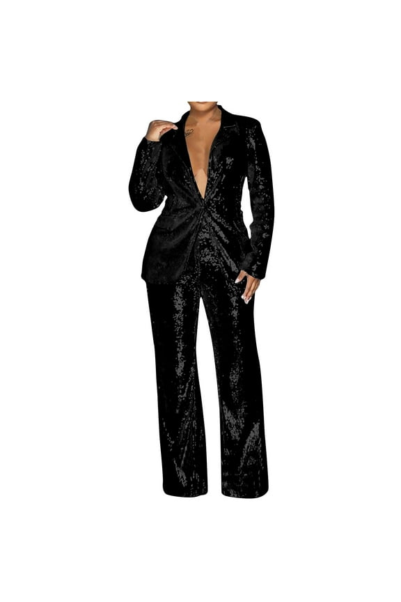 Womens Suit Set Sequined Formal Wide Leg Pants Blazer Two Piece Solid Color Long Sleeve Classic Notched Deep V Neck One Button Blazer with Pockets Club Wedding Prom Party Wear