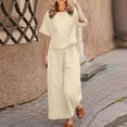 thumbnail image 1 of Alkepwun Womens Summer 2 Piece Outfits Crewneck Half Sleeve T Shirts Wide Leg Long Pants Linen Lounge Sets with Pockets, 1 of 6