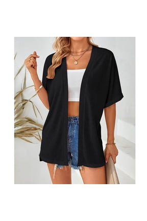 Womens Summer Lightweight Open Front Cardigan Casual Side Slit Short Sleeve Cardigans Beach Cover Up