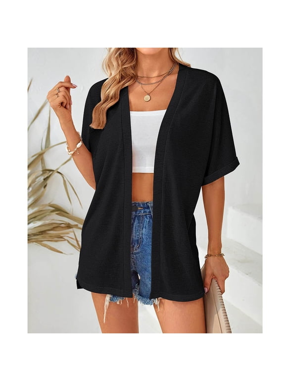 Womens Summer Lightweight Open Front Cardigan Casual Side Slit Short Sleeve Cardigans Beach Cover Up