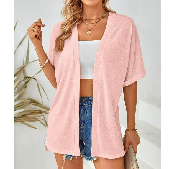 Alkepwun Womens Summer Lightweight Open Front Cardigan Casual Side Slit Short Sleeve Cardigans Beach Cover Up