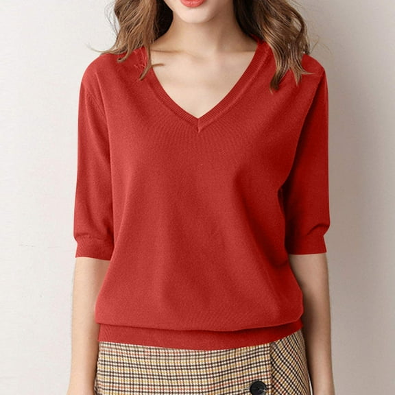 Alkepwun Womens Summer Lightweight Short Sleeve Sweaters Cute Knit V Neck Shirts Pullover Business Casual Tops Dressy Blouse