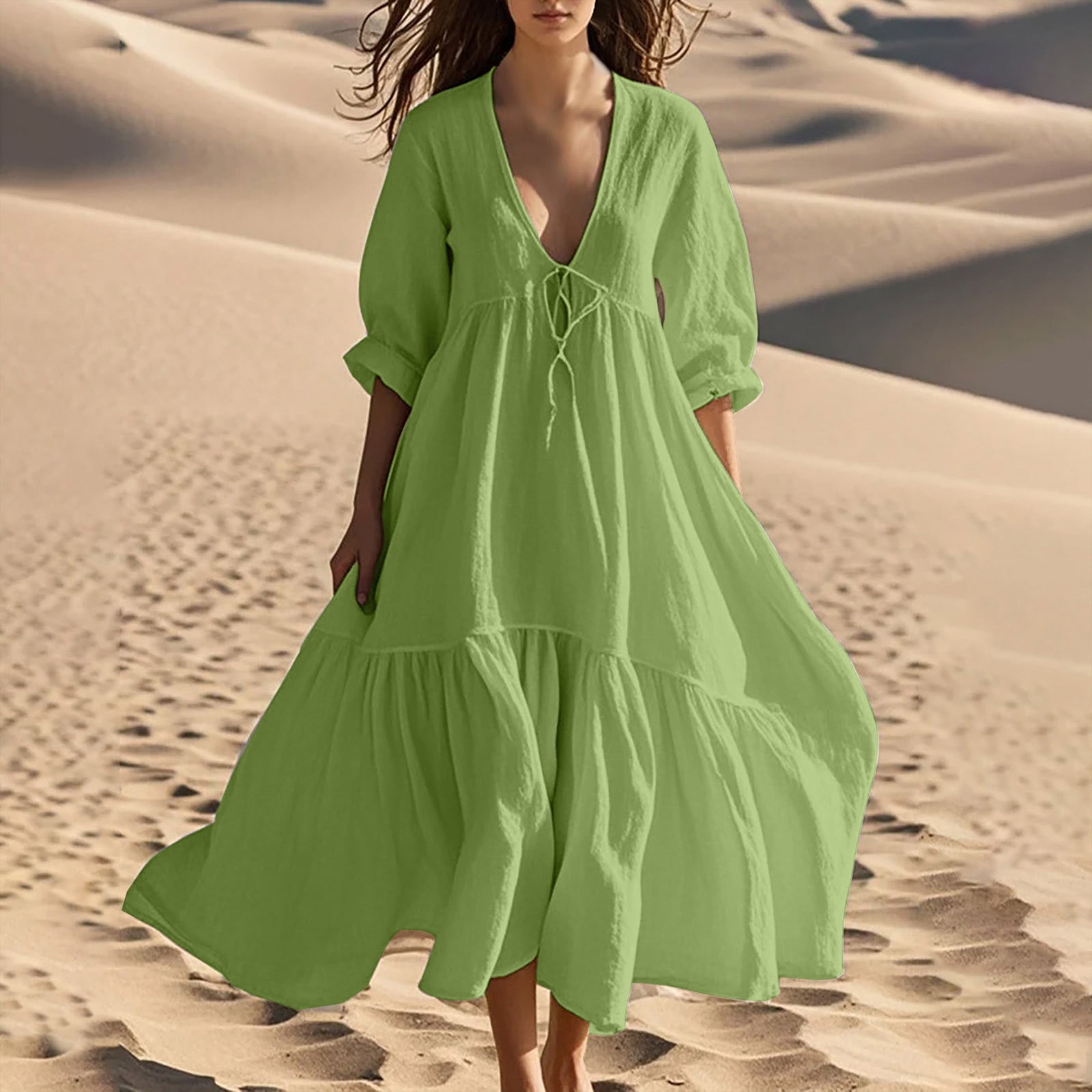 Alkepwun Womens Summer Plus Size Dress Cotton Linen Tie Front V Neck Dress  Casual Flowy Half Sleeve Tiered Long Dress Beach Lounge Maxi Dresses -  Walmart.com