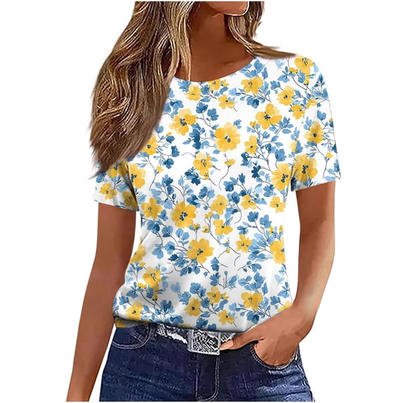 Alkepwun Womens Summer Tops Random Print Summer Slim Casual Short Sleeve Round Neck Top Lightweight Breathable Classic Basic T-Shirt