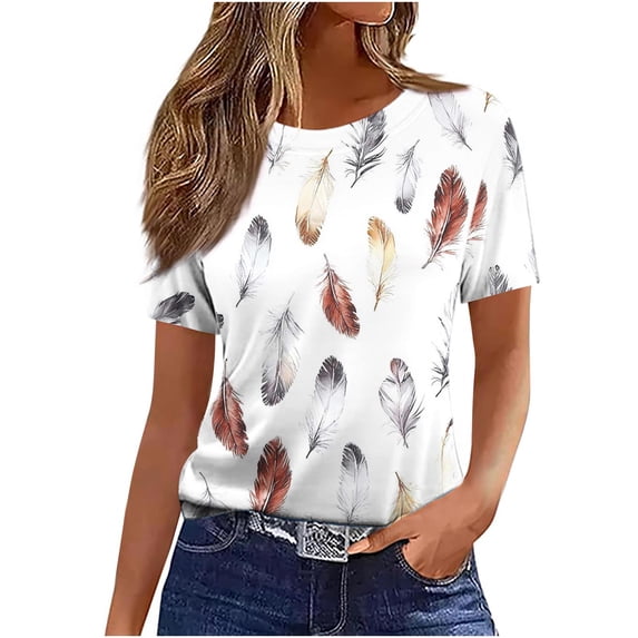 Alkepwun Womens Summer Tops Random Print Summer Slim Casual Short Sleeve Round Neck Top Lightweight Breathable Classic Basic T-Shirt